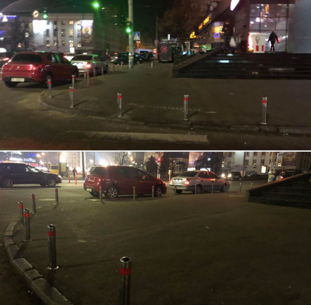 На перекрестке Гончара и Дмитриевской в Киеве установили антипарковочные столбики