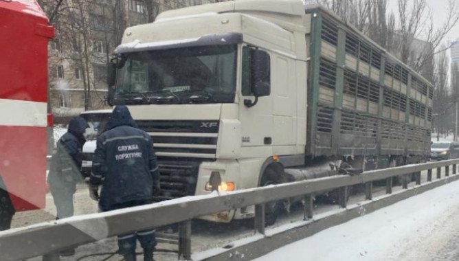 В Киеве на улице Телиги из-за снегопада застряла фура с животными (фото)